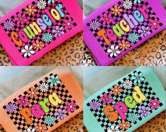 Neon School Occupation PNG Bundle, Floral Back to School Teacher Sped Para Counselor, Floral First Day of School Png, Checkered Teacher Png