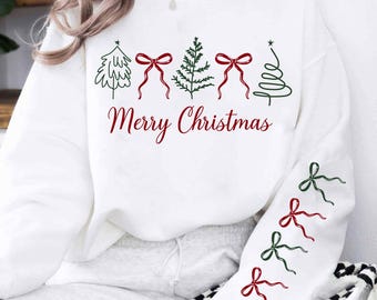 Merry Christmas Bow and Tree Sleeve Png Svg, Retro Tree SVG, Merry and Bright PNG, Cute Festive Shirt SVG, Coquette Christmas Png Design