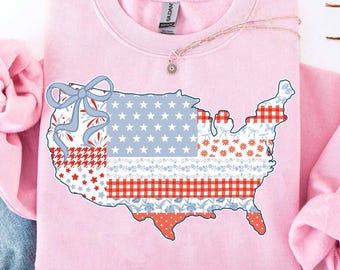 Preppy America USA Map PNG, Preppy 4th Of July Png, America Png, Floral USA Coquette Png, Independence Day, America Coquette Bow Png