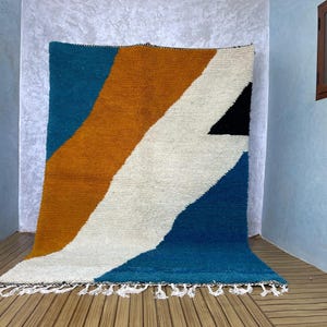 Chic Abstract Beni Ourain Rug - Blue Morrocan Rug, Wool Funky Rug - Authentic Berber Rug, Bohemian Style, White and royal blue rug