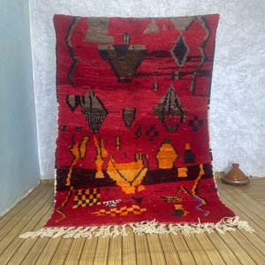 Hand Knotted Red Moroccan Rug: Berber Boho Carpet