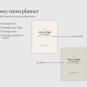 Peut inclure: Une couverture de planificateur personnalisable avec le texte "Mom's Life in Balance" et le slogan "Simplify Your Day, One Step at a Time". La couverture est pr&eacute;sent&eacute;e en deux couleurs diff&eacute;rentes, un beige clair et un vert clair.