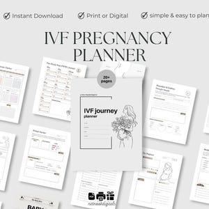 May include: A printable IVF pregnancy planner with over 20 pages. The planner includes sections for tracking medication, appointments, emotional well-being, and more. The cover features a black and white illustration of a woman holding flowers.
