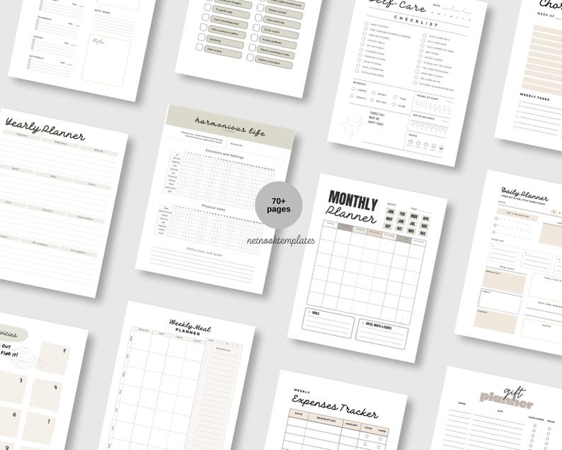 Peut inclure: Un ensemble de pages de planificateur imprimables en noir et blanc avec un design minimaliste. Les pages comprennent un planificateur annuel, un planificateur mensuel, un planificateur quotidien, un planificateur de repas hebdomadaire, un suivi des d&eacute;penses, une liste de contr&ocirc;le des soins personnels, un planificateur de cadeaux et un planificateur de vie harmonieuse. Les pages sont con&ccedil;ues pour vous aider &agrave; rester organis&eacute; et sur la bonne voie pour atteindre vos objectifs.