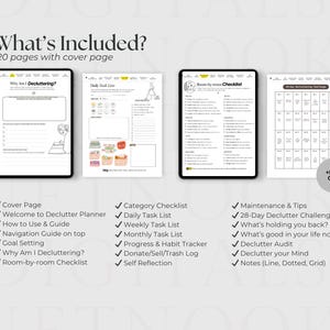 May include: Digital decluttering planner with 20 pages, including a cover page. Features include checklists, guides, and trackers for daily, weekly, and monthly tasks. Includes a 28-day declutter challenge and self-reflection prompts.