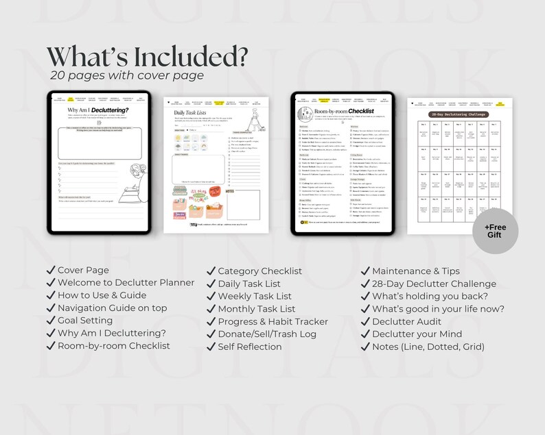 May include: Digital decluttering planner with 20 pages, including a cover page. Features include checklists, guides, and trackers for daily, weekly, and monthly tasks. Includes a 28-day declutter challenge and self-reflection prompts.