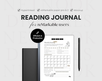 May include: A black and white digital reading journal template for the reMarkable tablet. The template includes sections for monthly reading goals, daily reading tracker, and notes. The text "Monthly Reading" and "Goals" is visible on the template.