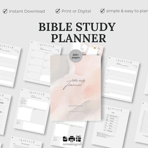 May include: A collection of printable Bible study planner pages. The central journal features a watercolor design with the text "bible study journal". The image includes the text "Instant Download", "Print or Digital", and "simple & easy to plan".