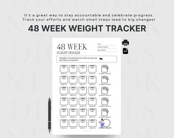 Afdrukbare gewichtstracker 48 weken, 2 pagina's, 12 maanden schattige digitale wekelijkse gewichtsverliestracker, wekelijkse gewichtsverliesgrafiek, afdrukbaar A4, pdf