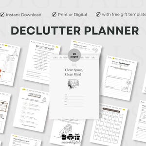 Peut inclure: Plusieurs pages d'un planificateur de désencombrement imprimable, avec le titre "DECLUTTER PLANNER" en gras. Les pages comprennent des sections pour les tâches quotidiennes, les audits de désencombrement et les objectifs. Le texte "Clear Space, Clear Mind" est également visible.