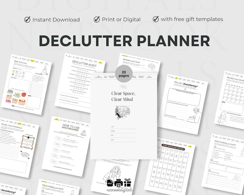 May include: A set of printable declutter planner pages, with the title "DECLUTTER PLANNER" prominently displayed. The pages include sections for daily tasks, declutter audits, and goal breakdowns. The text "Clear Space, Clear Mind" is also visible.