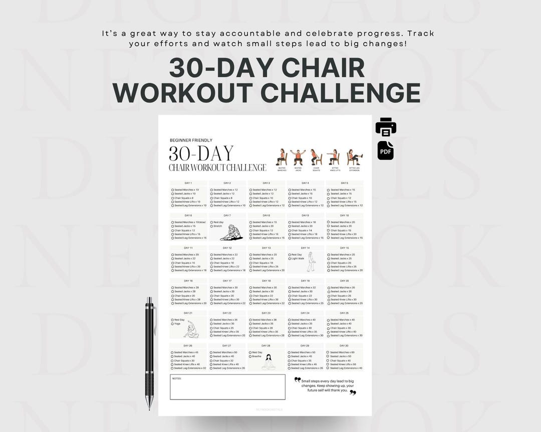30 Day Chair Workout Challenge Printable | Chair Yoga Guide | 10 Mins ...