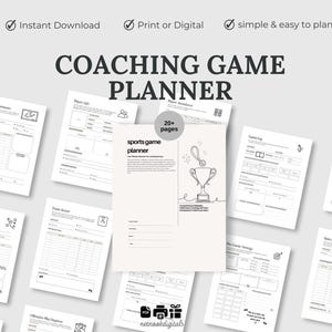Op de afbeelding: Een zwart-witte printbare sportwedstrijdplanner met de titel "Coaching Game Planner" en de tekst "20+ pagina's" op de omslag. De planner bevat pagina's voor wedstrijdstrategie, training en oefening, spelersprofielen en meer.