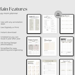 Peut inclure: Un planificateur num&eacute;rique pour les mamans occup&eacute;es avec plus de 70 pages. Le planificateur comprend des sections pour les soins personnels, le budget, les t&acirc;ches m&eacute;nag&egrave;res, la planification mensuelle et les projets &agrave; domicile. Le planificateur n'est pas dat&eacute;, il peut donc &ecirc;tre utilis&eacute; ann&eacute;e apr&egrave;s ann&eacute;e. Il est &eacute;galement con&ccedil;u pour &eacute;conomiser l'encre et &ecirc;tre minimaliste.
