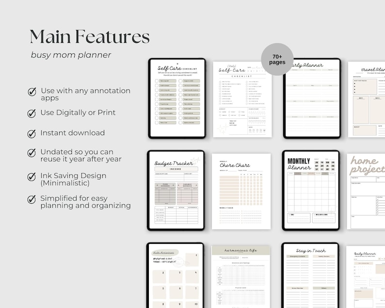 Peut inclure: Un planificateur num&eacute;rique pour les mamans occup&eacute;es avec plus de 70 pages. Le planificateur comprend des sections pour les soins personnels, le budget, les t&acirc;ches m&eacute;nag&egrave;res, la planification mensuelle et les projets &agrave; domicile. Le planificateur n'est pas dat&eacute;, il peut donc &ecirc;tre utilis&eacute; ann&eacute;e apr&egrave;s ann&eacute;e. Il est &eacute;galement con&ccedil;u pour &eacute;conomiser l'encre et &ecirc;tre minimaliste.