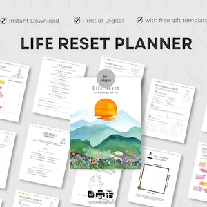 May include: A printable life reset planner with 20+ pages. The cover features a watercolour illustration of mountains, a sunset, and flowers. The planner includes worksheets for goal setting, affirmations, and self-reflection.