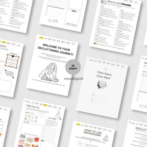 May include: A selection of black and white printable decluttering planner pages. The pages feature checklists, goal breakdowns, and daily task lists. One page displays the text "Welcome to your Decluttering Journey!" and "20 pages".