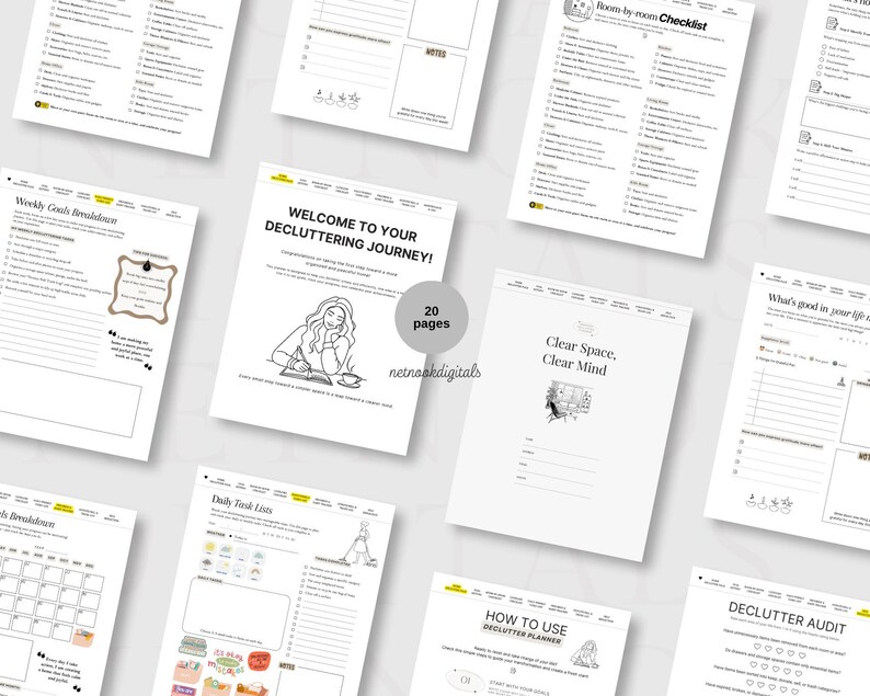 May include: A selection of black and white printable decluttering planner pages. The pages feature checklists, goal breakdowns, and daily task lists. One page displays the text "Welcome to your Decluttering Journey!" and "20 pages".