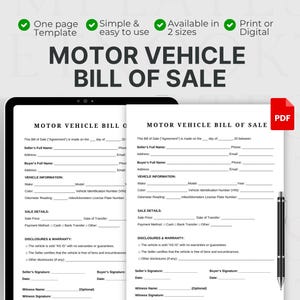 Motor Vehicle Bill of Sale. Printable Car Sale form. Bill of Sale Form Agreement. Auto Bill of Sale. Editable PDF. Instant Download