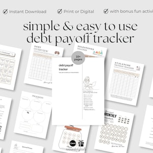 May include: A printable debt payoff tracker with 10+ pages. The tracker includes a debt overview, progress tracker, avalanche method tracker, milestone tracker, and a no-buy challenge. The tracker is designed to help people pay off debt and achieve financial freedom.