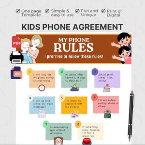 以下が含まれることがあります： My Phone Rulesというタイトルの子供向け携帯電話利用規約テンプレート。テキストとイラストが入った8つの番号付きボックスがあります。PDFとJPG形式のアイコン、プリンターのアイコン、右側に配置された黒いペンが含まれています。