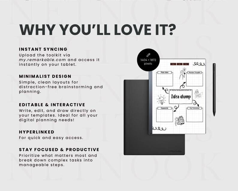 reMarkable Paper Pro Planner, Minimalist Productivity Brainstorming Planner Bundle, Hyperlinked, A5 size, reMarkable Template
