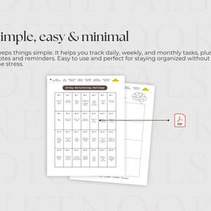 May include: Two white printable planner pages with the text "28-Day Decluttering Challenge" and a brain graphic. The pages are labelled "simple, easy & minimal" and include a PDF icon. The planner helps track tasks and reminders.