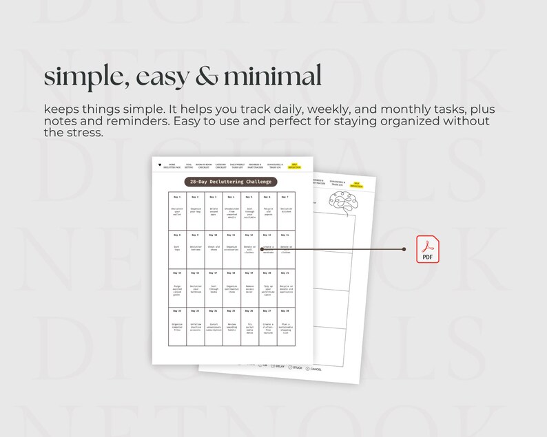 May include: Two white printable planner pages with the text "28-Day Decluttering Challenge" and a brain graphic. The pages are labelled "simple, easy & minimal" and include a PDF icon. The planner helps track tasks and reminders.