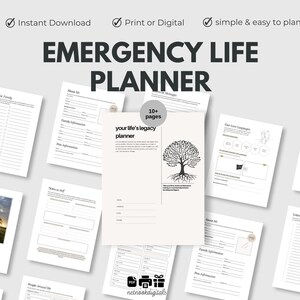 Op de afbeelding: Een printbare digitale planner met de titel "Emergency Life Planner" en een boomgrafiek. De planner bevat secties voor familie-informatie, notities voor jezelf, onze liefdestaal, eigendommen en leningen, brieven of berichten, en meer. Hij heeft meer dan 10 pagina's.