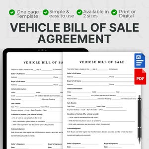 Vehicle Bill of Sale. Printable Motor Vehicle Sale Contract. Vehicle Bill of Sale Template. Editable Google Docs, WORD PDF. Instant Download