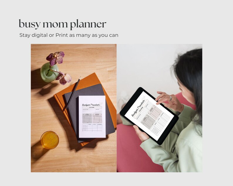 Peut inclure: Un planificateur de budget imprimable avec le texte "Budget Tracker" sur une feuille de papier blanche. Le planificateur est pr&eacute;sent&eacute; sur une table en bois avec une personne utilisant une version num&eacute;rique du planificateur sur une tablette.