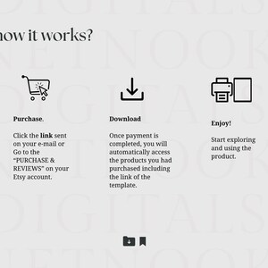 May include: A light beige graphic with the text "how it works?" and three steps: Purchase, Download, and Enjoy! Each step has an icon and brief instructions. The text encourages users to explore and use the product.
