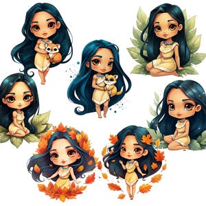 May include: A set of seven digital illustrations featuring a cartoon character inspired by Pocahontas. The character is depicted in various poses, including holding a small animal, sitting on a rock, and standing with her arms crossed. The illustrations are set against a white background.