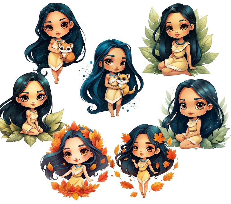 May include: A set of seven digital illustrations featuring a cartoon character inspired by Pocahontas. The character is depicted in various poses, including holding a small animal, sitting on a rock, and standing with her arms crossed. The illustrations are set against a white background.