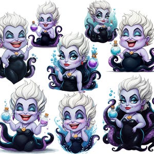 May include: A set of nine digital illustrations featuring Ursula, the sea witch from Disney's The Little Mermaid. Each illustration depicts Ursula in a different pose and expression, with some holding a potion bottle. The illustrations are in a cartoon style and feature vibrant colors.
