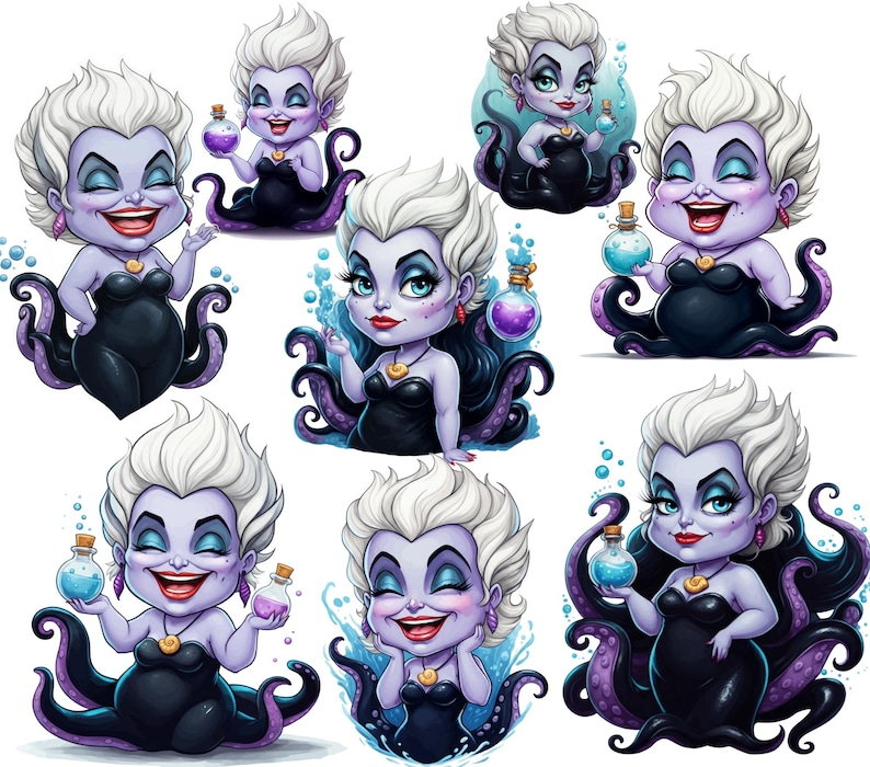 May include: A set of nine digital illustrations featuring Ursula, the sea witch from Disney's The Little Mermaid. Each illustration depicts Ursula in a different pose and expression, with some holding a potion bottle. The illustrations are in a cartoon style and feature vibrant colors.