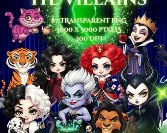 Watercolour Chibi Clipart Cartoon Villains Bundle-Clipart for kids-Transparent PNG-300DPI-Journal-Scrapbook-Theme-Party-Halloween-Babies