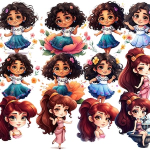 May include: A digital illustration of ten cartoon girls with different hairstyles and outfits. The girls are all smiling and have large eyes. Some of the girls are wearing glasses. The girls are all standing on a white background.
