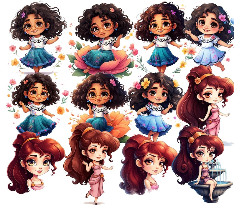 May include: A digital illustration of ten cartoon girls with different hairstyles and outfits. The girls are all smiling and have large eyes. Some of the girls are wearing glasses. The girls are all standing on a white background.