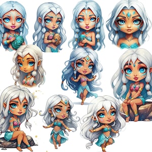 May include: Nine illustrations of cartoon women with long white hair, wearing blue and pink clothing and jewelry. The women have blue eyes and are depicted in various poses.