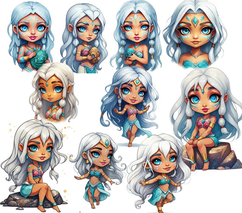 May include: Nine illustrations of cartoon women with long white hair, wearing blue and pink clothing and jewelry. The women have blue eyes and are depicted in various poses.