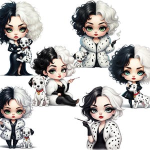 May include: Six cartoon illustrations of Cruella de Vil, a character from the Disney film 101 Dalmatians. Each illustration features Cruella in a different pose, wearing a black and white fur coat, and holding a dalmatian puppy.