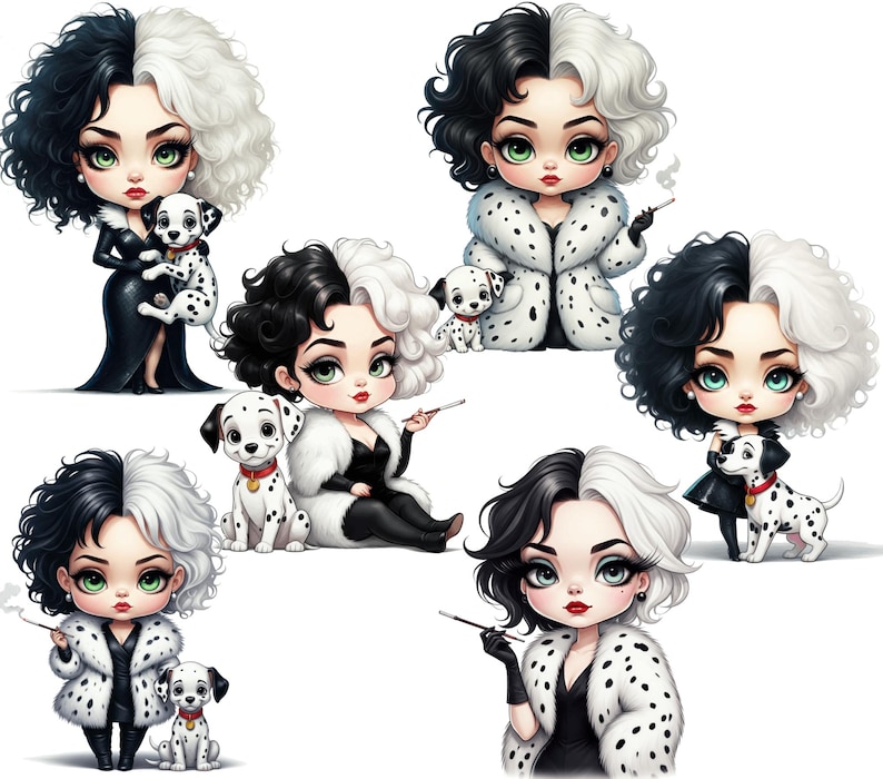 May include: Six cartoon illustrations of Cruella de Vil, a character from the Disney film 101 Dalmatians. Each illustration features Cruella in a different pose, wearing a black and white fur coat, and holding a dalmatian puppy.