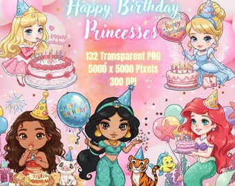 Watercolour Birthday Chibi Princesses Clipart  Bundle-Nursery Clipart for kids-Transparent PNG-Cute-Baby Girl Room-Anniversary-Cake-Balloons