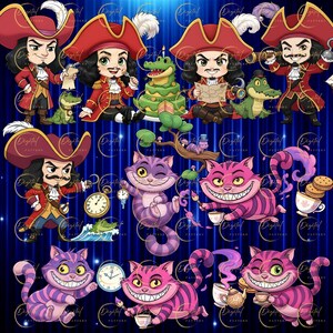 以下が含まれることがあります： デジタルパターン。キャプテンフックとチェシャ猫のキャラクターの漫画イラスト。キャプテンフックは赤いコートと帽子で描かれています。チェシャ猫は紫とピンクで、大きな笑顔です。背景は、縦線のある濃い青色です。