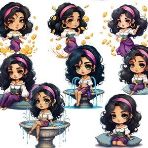 May include: A digital illustration of a cartoon character, a young woman with long dark brown hair, wearing a purple and white dress, in various poses. The character is depicted in different settings, including a fountain, a cushion, and surrounded by gold coins.