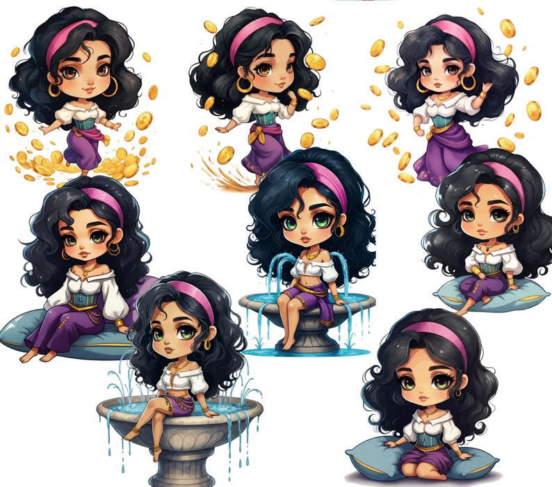 May include: A digital illustration of a cartoon character, a young woman with long dark brown hair, wearing a purple and white dress, in various poses. The character is depicted in different settings, including a fountain, a cushion, and surrounded by gold coins.