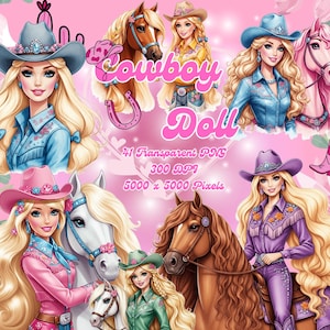 Boneca de caubói aquarela-Bonecas loiras-Feminino-Berçário-PNG transparente-300DPI-Cavalos-Rosa-Clipart infantil-Princesa-Linda-Fofa-Adesivo