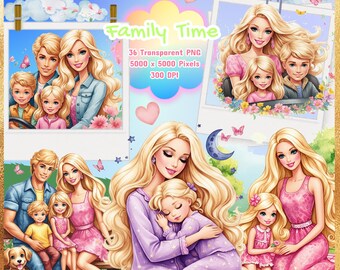 Watercolour Doll Family Time Clipart-Nursery Clipart for kids-Commercial Use-Dolls-Transparent PNG-300 DPI-Pink-Girly-Party-Blonde Girl