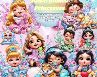 Chibi Clipart Royal Baby Princesses Bundle-Beautiful-Nursery Clipart for kids-Watercolor-2D-Transparent PNG-Cute-Baby-Girl Room-Toddler-